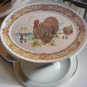 Vintage Brookpark Turkey Platter Thanksgiving Pilgrims Melamine 21" x 15" 1521